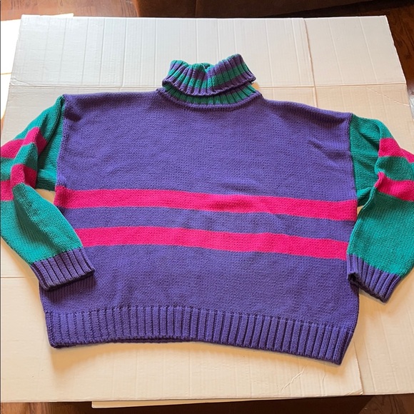 VTG-90’s-Eddie Bauer-XL-color block, striped, knit, turtleneck, boxy, sweater. - Picture 1 of 9